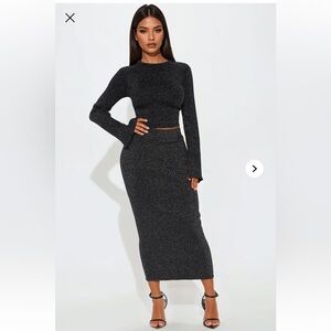 Fashion Nova Black Silver Everlee Sparkle Skirt Set